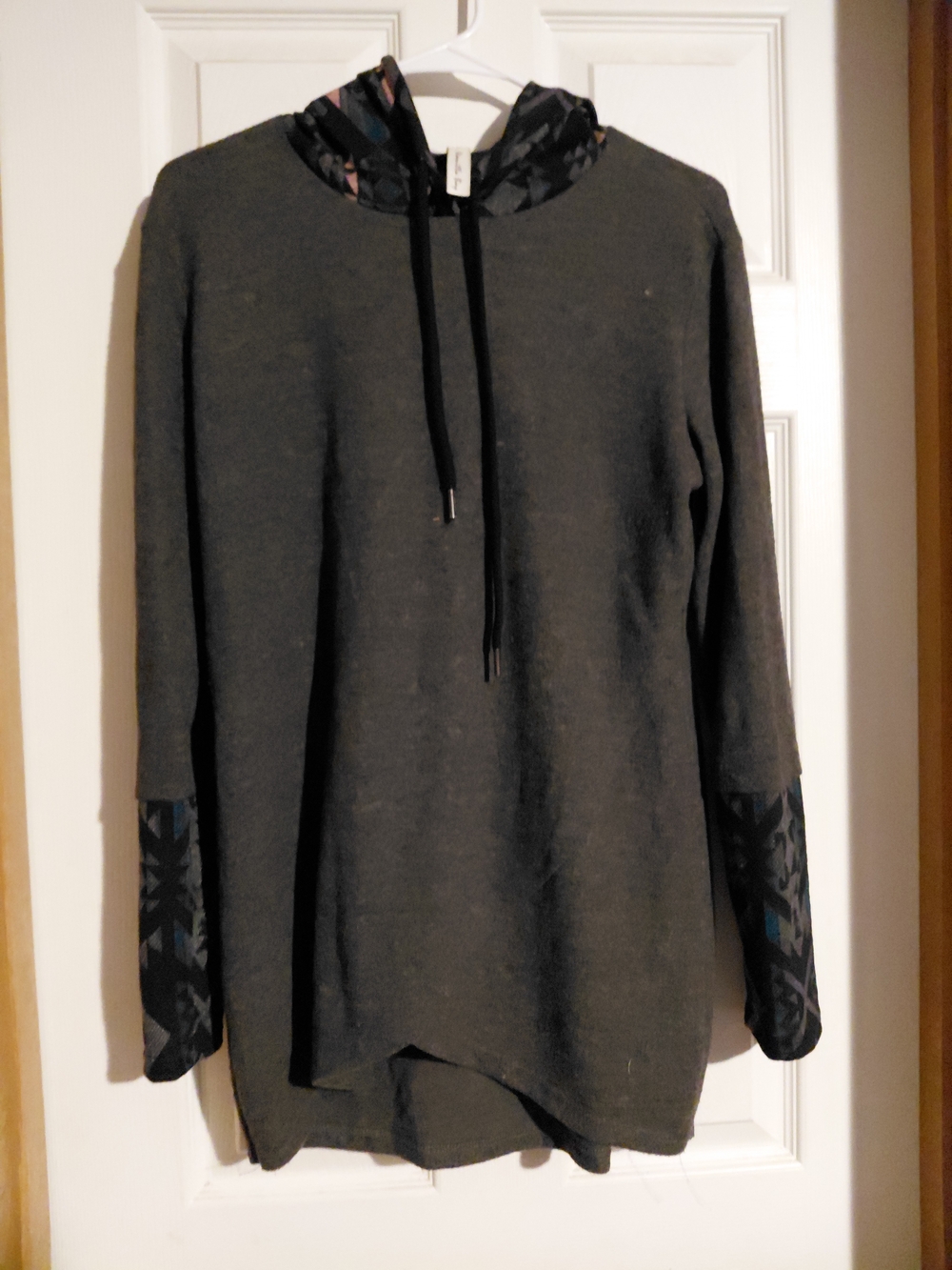 Vanilla Bay Dark Gray Hooded Knit Tunic with Patterned Trim